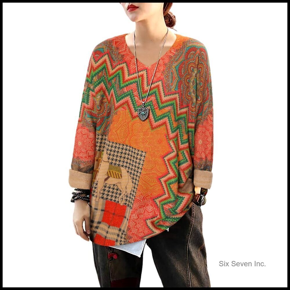 Oversized Graphic Print Pullover Sweater Long Sleeve Knit Winter Y2K Chic